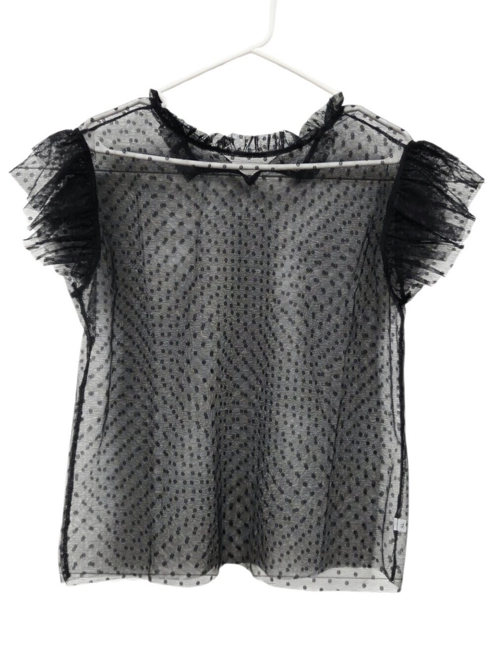 Sheer Polka Dot Ruffle Sleeve Top - Black Large